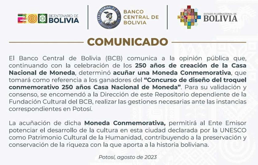 BCB acuñará monedas por el 250 aniversario de la Casa de Moneda