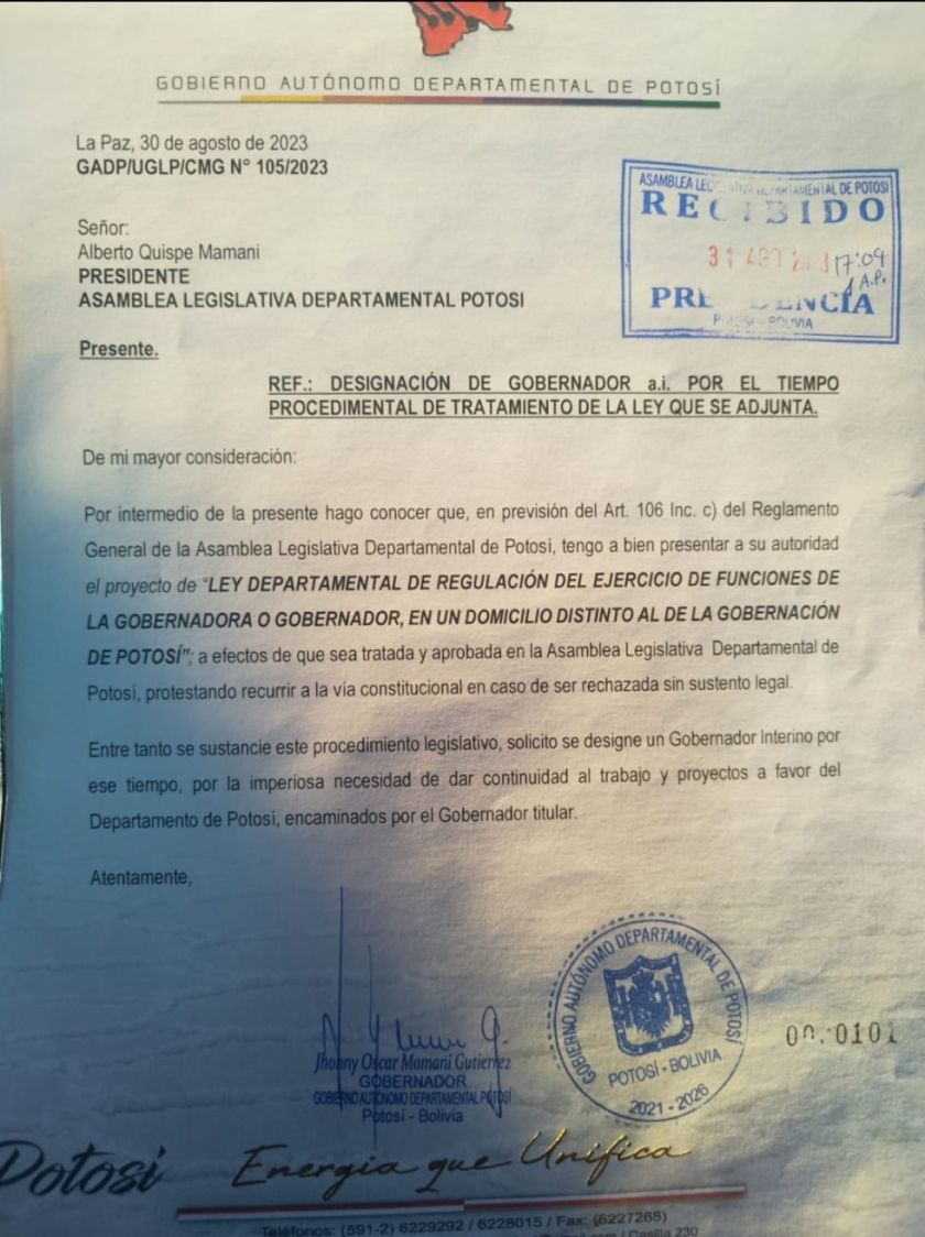 URGENTE: Jhonny Mamani presentó proyecto de ley para gobernar desde la cárcel