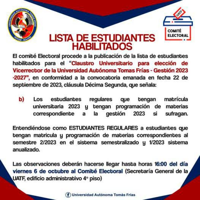 Publican lista de alumnos habilitados para votar