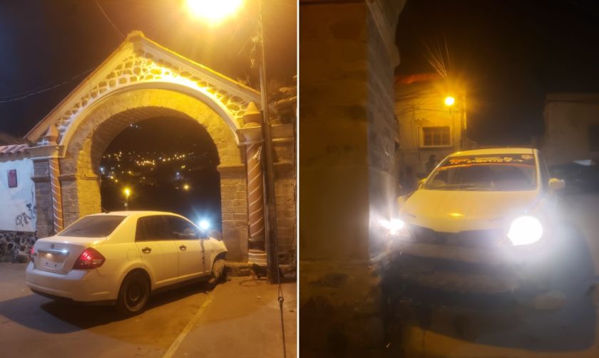 Vehículo chocó contra el Arco de Cobija y aparece sin placas