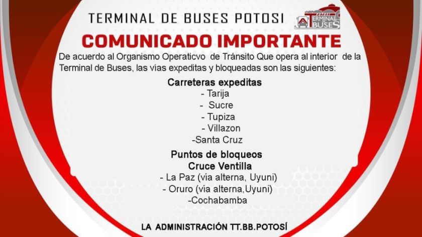 Salidas a Oruro, Cochabamba y La Paz siguen suspendidas desde Potosí 