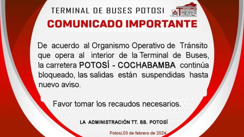 Salidas desde Potosí a Cochabamba siguen suspendidas