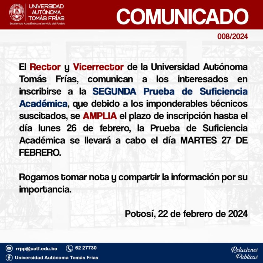 UATF amplía inscripciones a segundo examen hasta el 26 de febrero