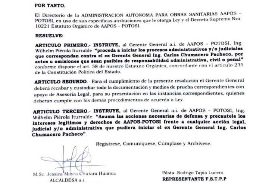 El directorio de Aapos instruyó procesar al ex gerente Chumacero