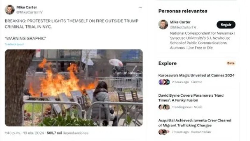 Un hombre de tendencias conspiranoicas se quema fuera del tribunal que juzga a Trump