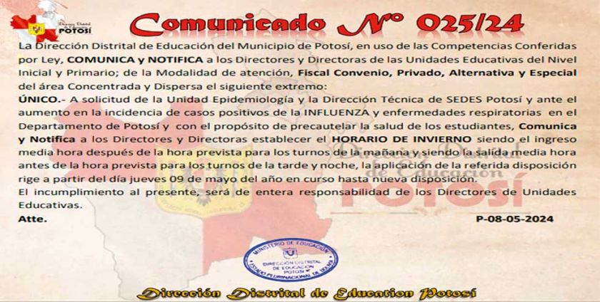 Rige el horario invernal para inicial y primaria en el municipio de Potosí
