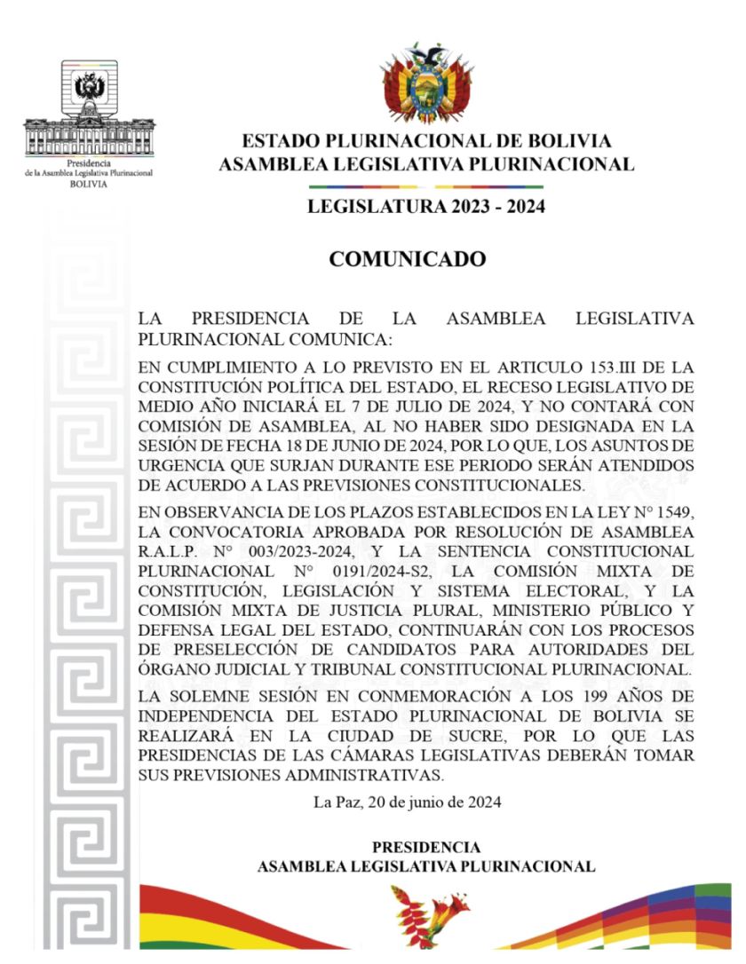 Declaran receso parlamentario desde el 7 de julio, pero continuará la preselección judicial