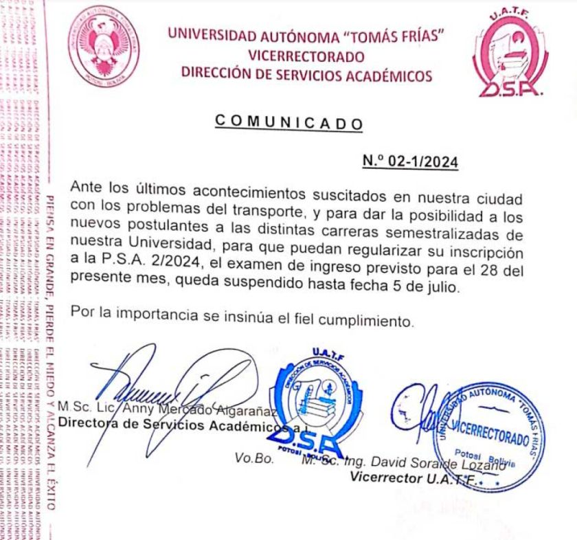 La UATF migra a clases virtuales y pospone su examen por bloqueos