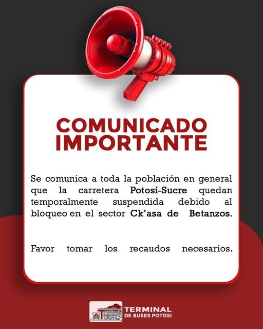 Terminal de Buses de Potosí suspende temporalmente los viajes a Sucre