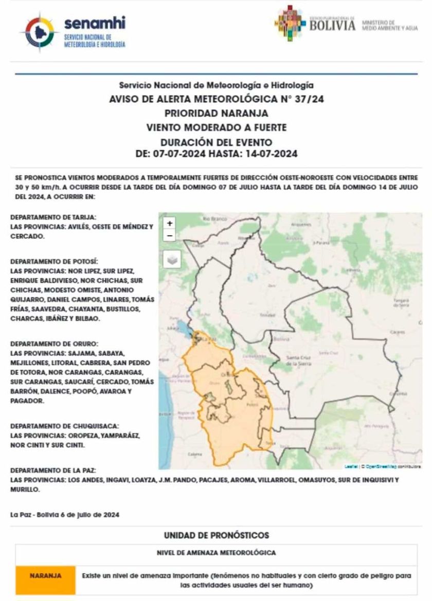Senamhi declara alerta naranja por presencia de fuertes vientos 