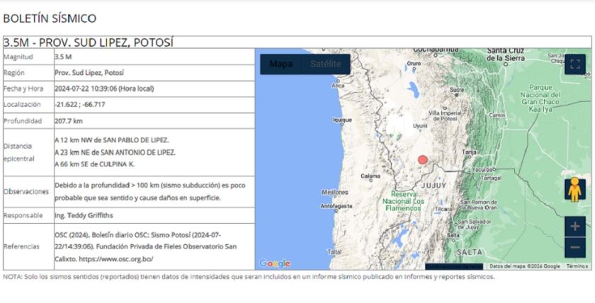 Reportan un sismo con epicentro en el sur de Potosí
