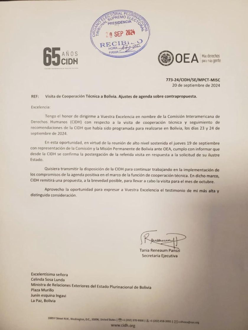 A pedido de Bolivia, CIDH suspende su visita de septiembre sobre seguimiento y recomendaciones