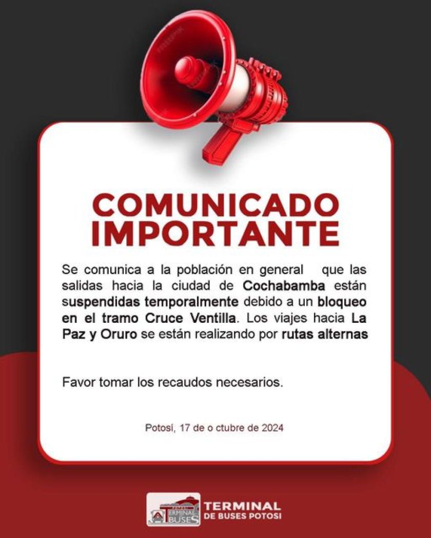 Terminal de Buses informa de un punto de bloqueo en Cruce Ventilla