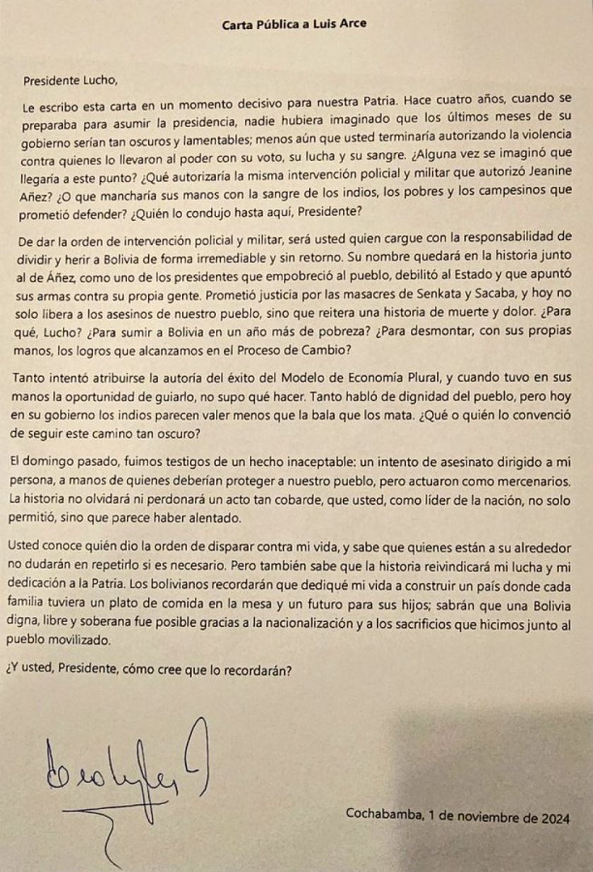En una carta, Evo Morales culpa a Luis Arce de herir a Bolivia