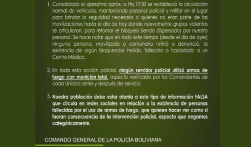 Policía niega uso de armas de fuego en operativo de desbloqueo en Parotani