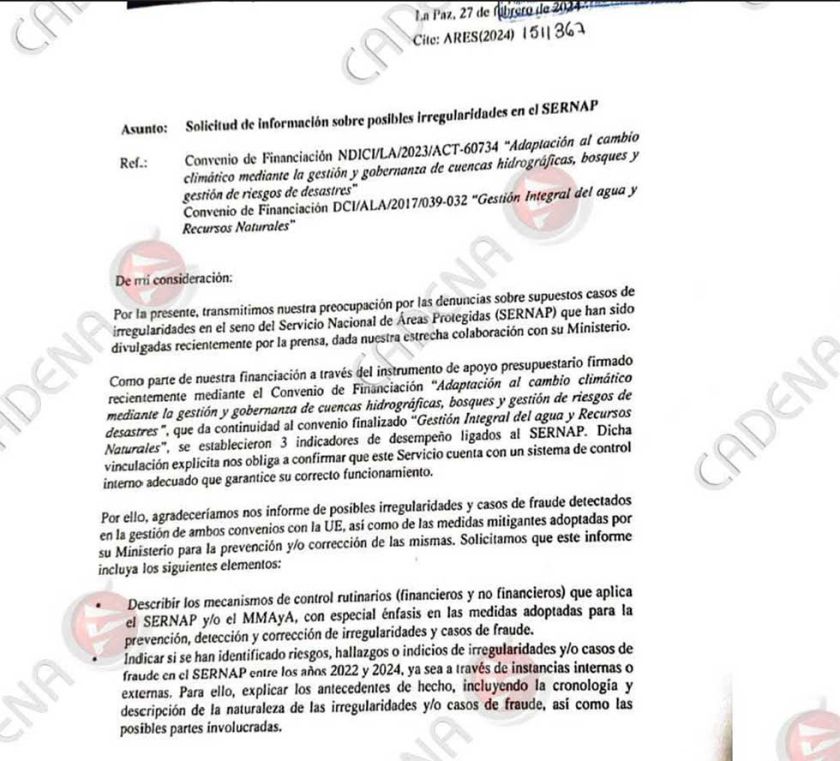 La UE pidió informes en 2024 por posible corrupción en Sernap