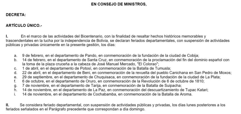 Decreto ordena que Tarija cumpla feriado departamental por una batalla que ocurrió en territorio potosino