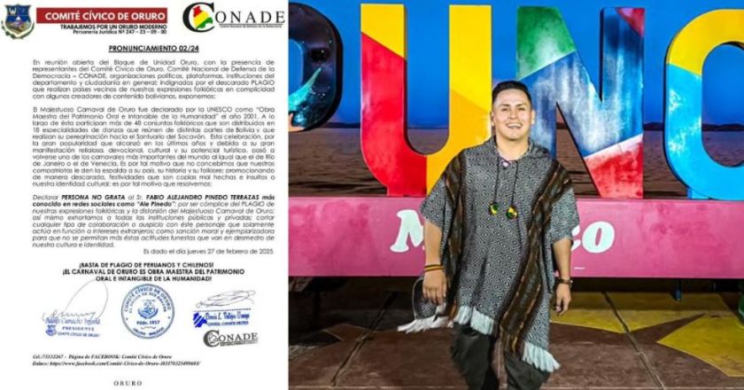 Declaran persona no grata en Oruro a Ale Pinedo por promover plagio cultural en festividad peruana