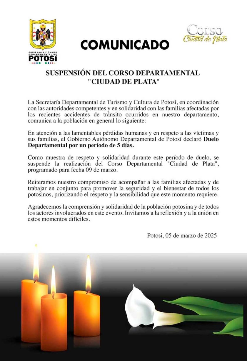 Corso Ciudad de Plata se suspende tras luto en las familias potosinas