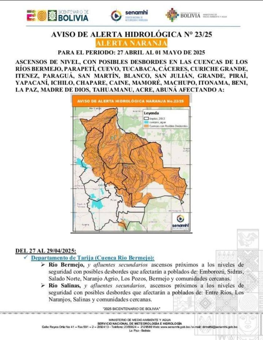 Senamhi emite alerta naranja por riesgo de desbordes en ríos de siete Departamentos