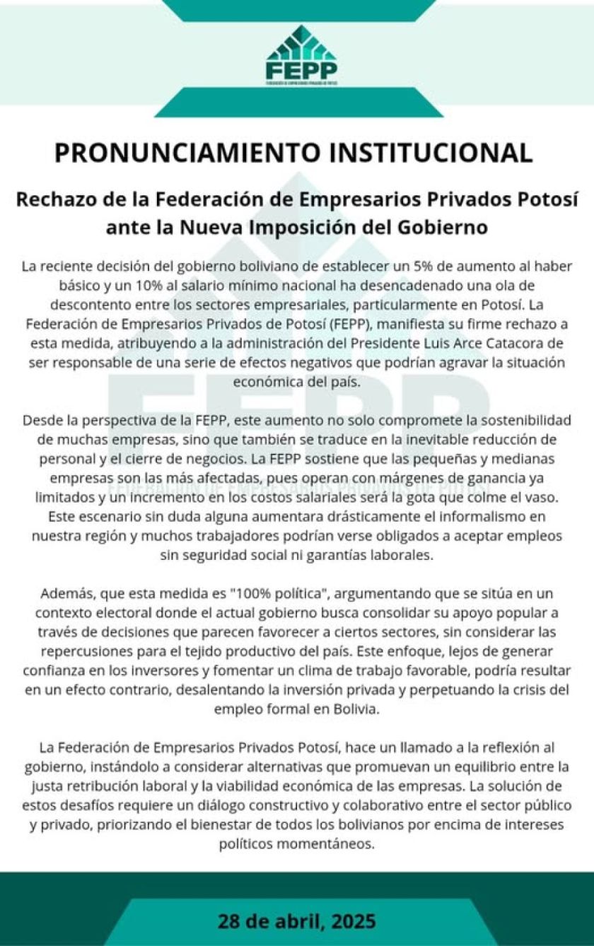 Empresariado privado en Potosí rechaza anuncio de incremento salarial