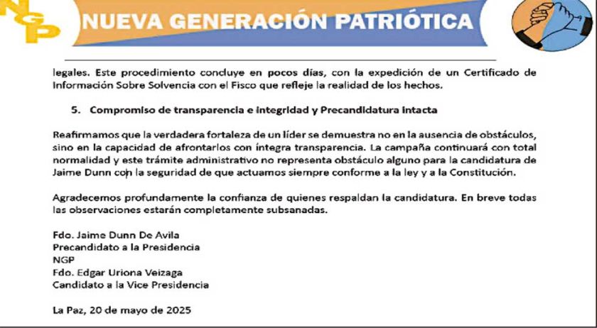 NGP ratifica a Dunn: Dice que atienden observación