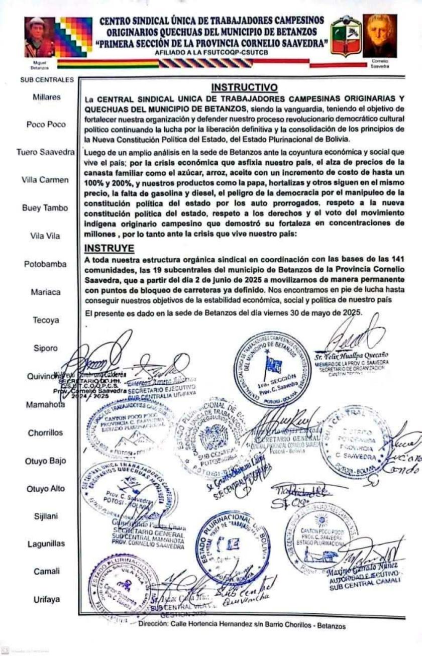 Dirigentes de Betanzos instruyen bloqueo de la vía Potosí-Sucre