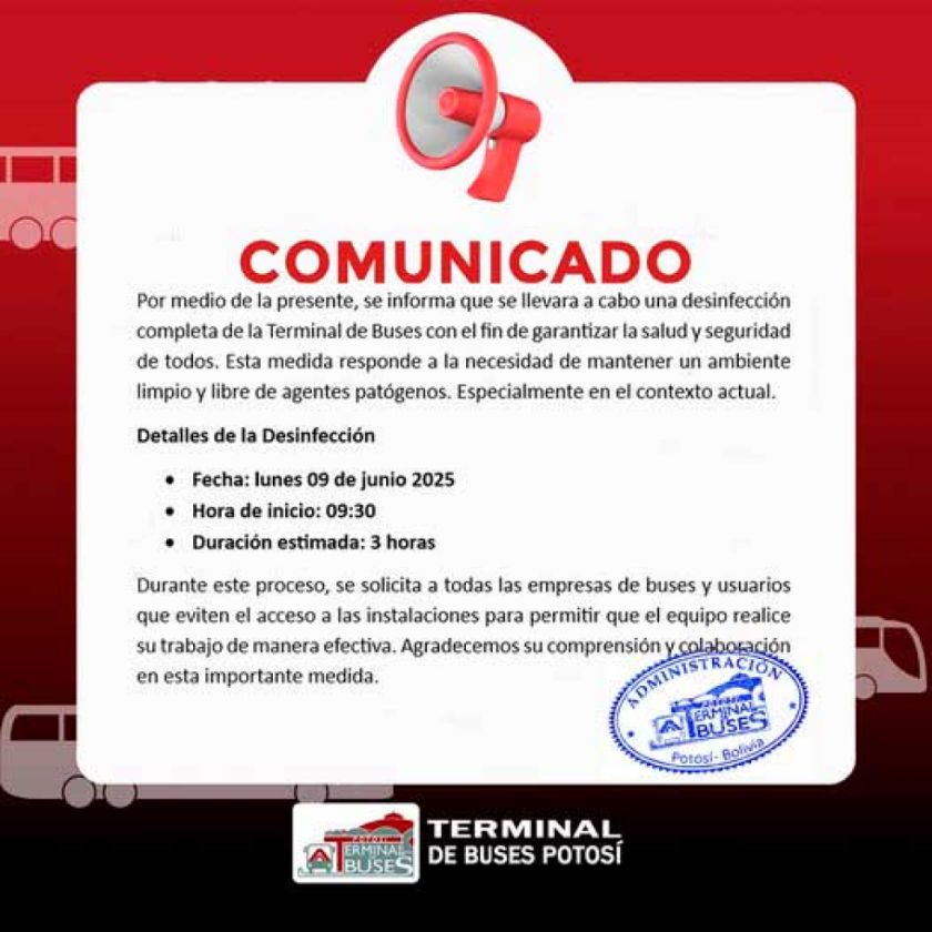 Desinfectarán la terminal de buses el lunes 9