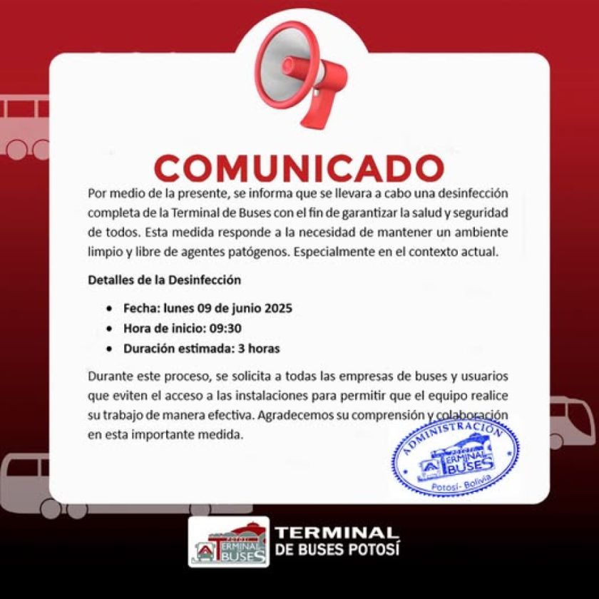 Terminal de Buses cierra por desinfección hoy por la mañana