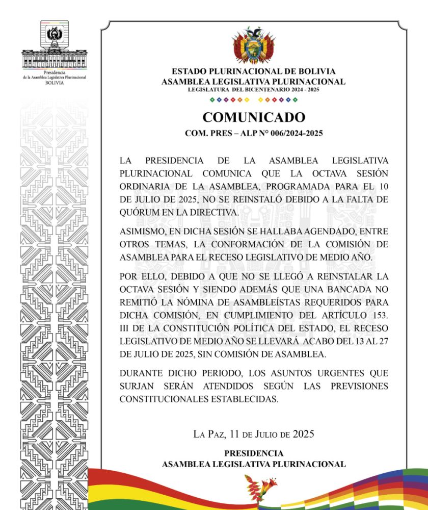 Declaran mediante comunicado receso del Legislativo desde el 13 al 27 de julio