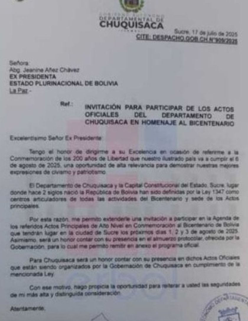 Gobernación de Chuquisaca invita a Jeanine Áñez como expresidenta a los actos del Bicentenario