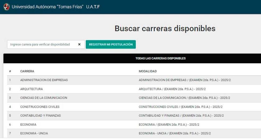 UATF habilita inscripciones para segundo examen de ingreso en 33 carreras