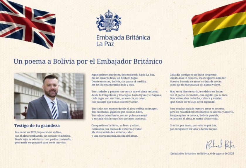 Reino Unido saluda a Bolivia recordando sus lazos de amistad y le dedica un poema