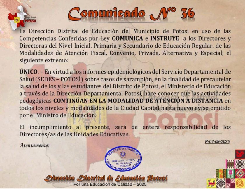 Clases a distancia se mantienen en la ciudad de Potosí este viernes 8