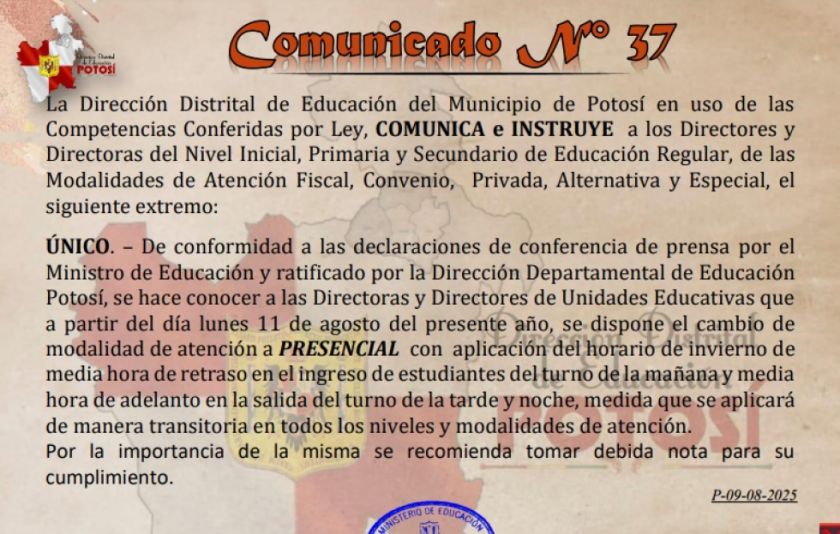 Actividades escolares en el distrito de Potosí serán presenciales desde el lunes 11