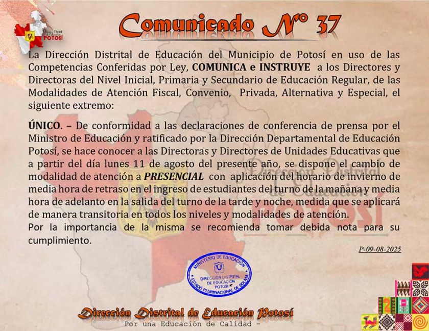 En el distrito de Potosí se retoma la modalidad a presencial de clases