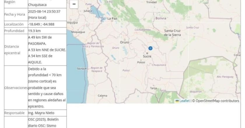 Sismo de magnitud 4,0 sacude Chuquisaca: Epicentro en Zudañez, alerta el Observatorio San Calixto