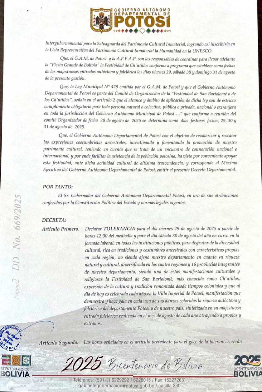 La Gobernación dispone tolerancia por Ch’utillos