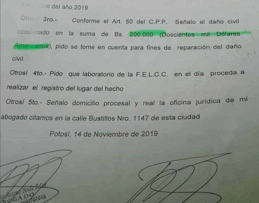 Subia denuncia que exigen $us 200.000 por daños