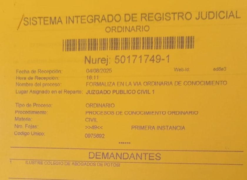 Colegio de abogados de Potosí pide devolución de 50.000 dólares a la directiva 2015-2017
