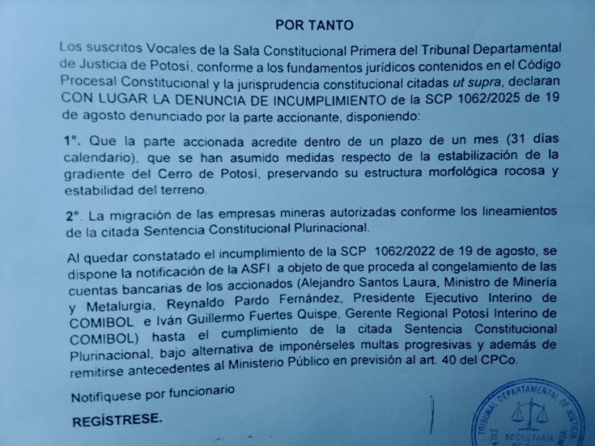 URGENTE Justicia congela cuentas del Ministro de Minería y del presidente de Comibol por el Cerro Rico de Potosí
