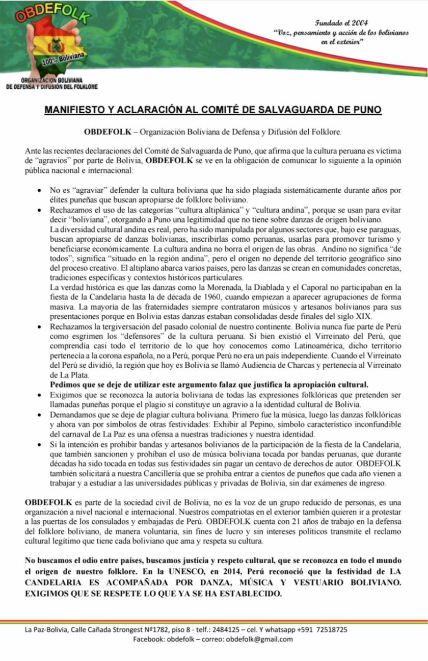 Obdefolk le responde Puno diciendo que “cultura andina” es una manera de encubrir el robo cultural