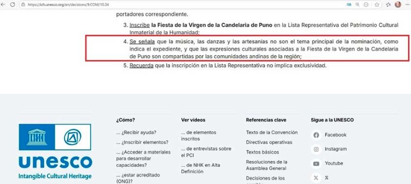 La Unesco no reconoció danzas  al inscribir la festividad de Puno 