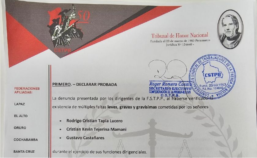 Tribunal nacional de la prensa expulsa definitivamente a tres informadores de Potosí