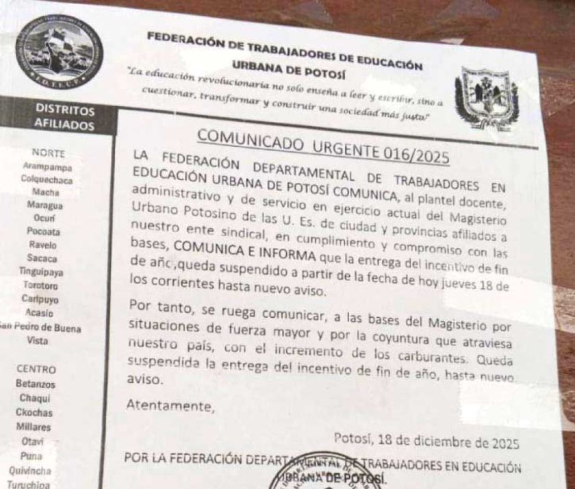 Magisterio urbano suspende sin fecha entrega de incentivo