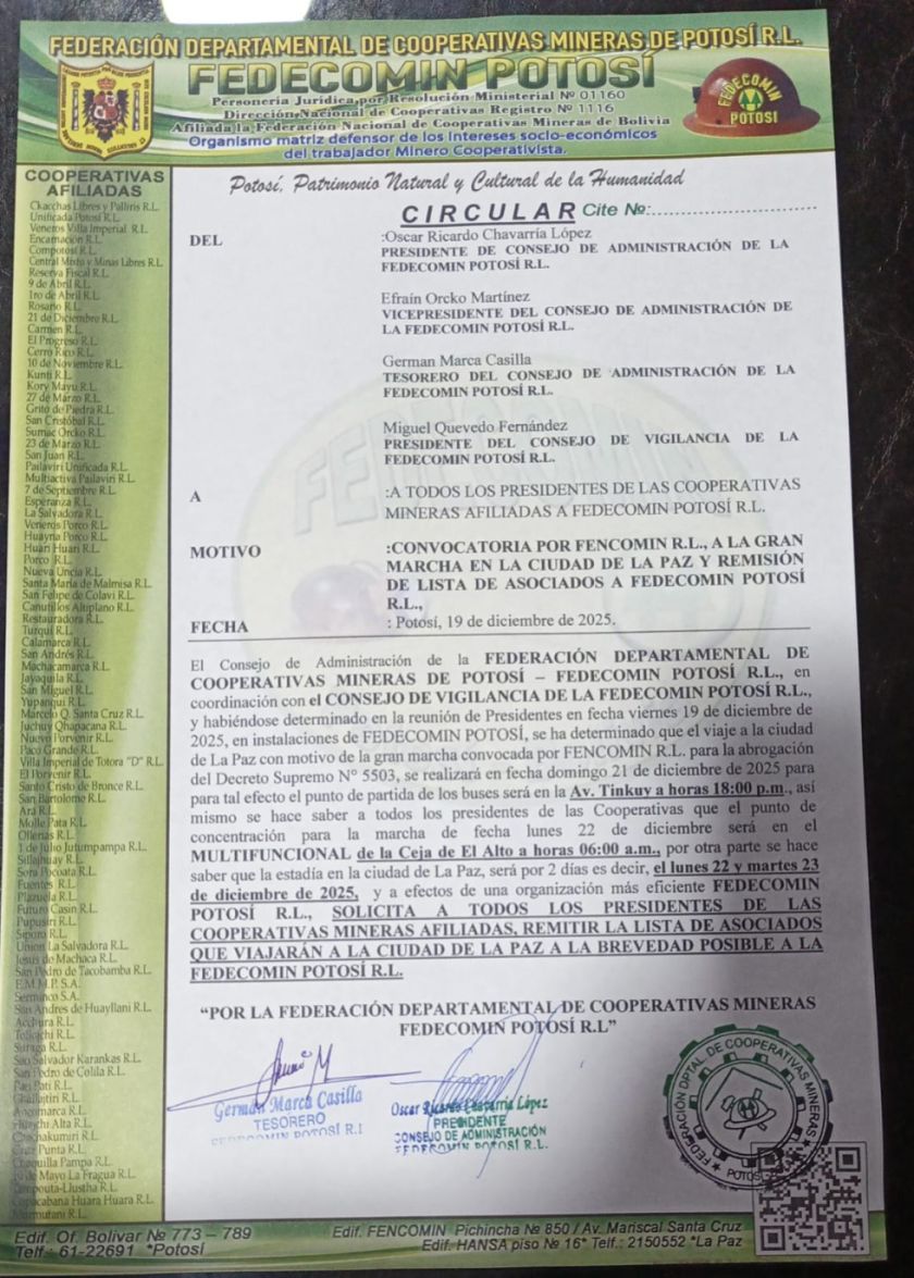 Mineros de Potosí marcharan en La Paz contra el DS 5503