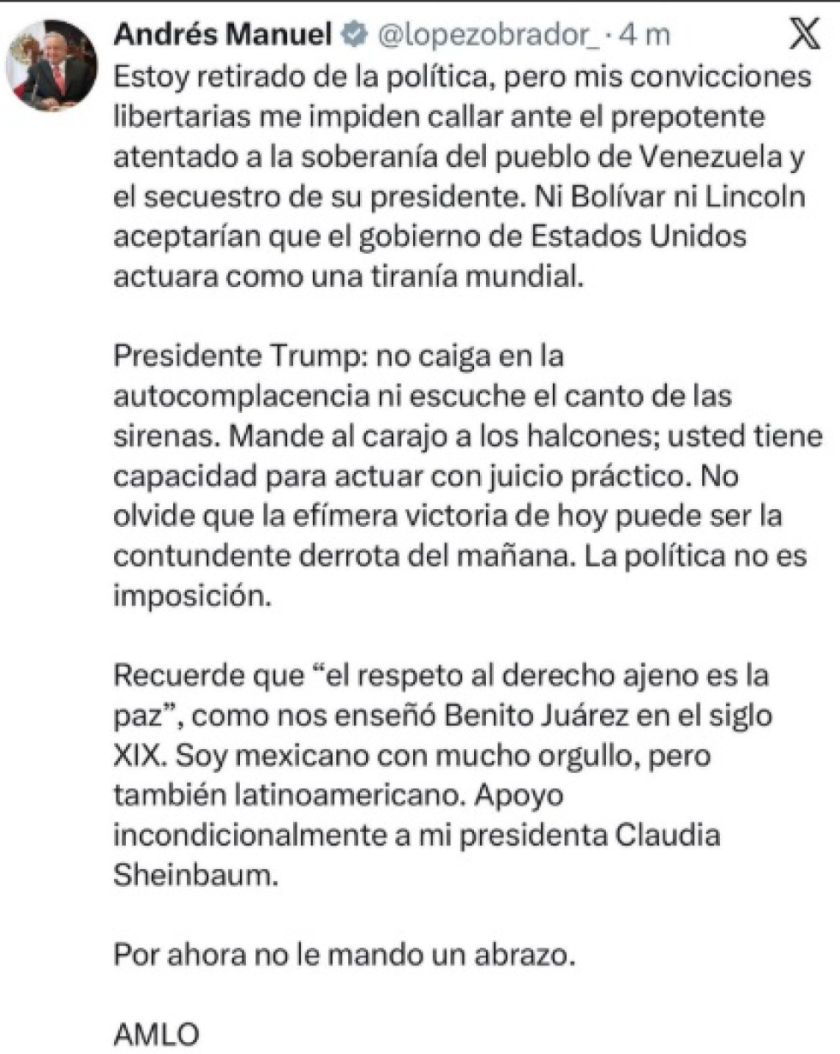 Ex presidente de México "Manuel López Obrador", se pronuncio sobre la captura de Maduro