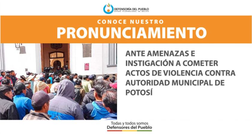Defensoría del Pueblo se pronuncia en rechazo a amenazas contra la alcaldesa interina de Potosí