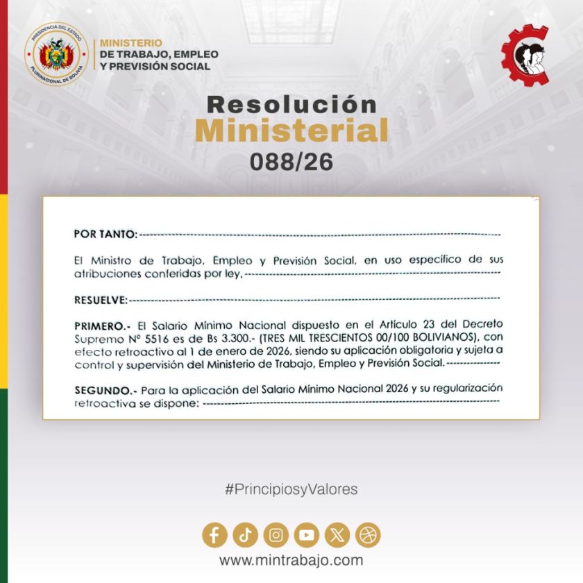 Reglamento establece que no debe haber salarios de menos de 3.300 Bolivianos