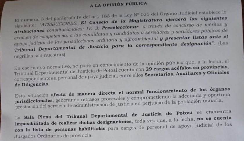 Tribunal de Justicia de Potosí tiene acefalías desde junio de 2024